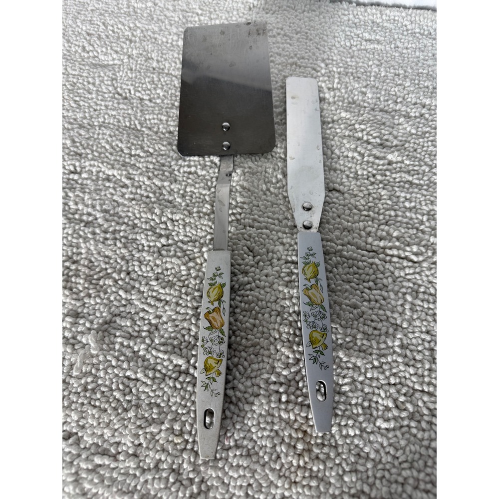 Vintage Stainless Steel Spatula and Spreader Set Vegetable Pattern Made in USA